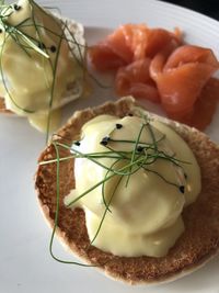 High angle view of breakfast served on table