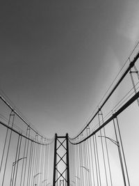 Low angle view of suspension bridge against clear sky