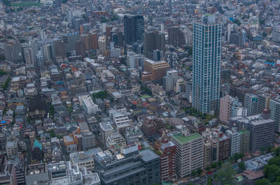 High angle view of modern buildings in city