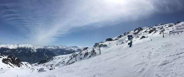 Scenic view of snowcapped mountains against sky