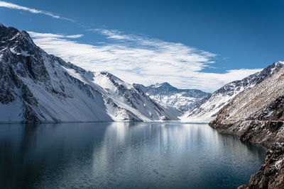 Scenic view of lake and snowcapped mountains against sky during winter