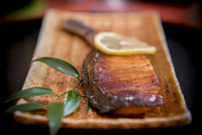 Close-up of food served on table