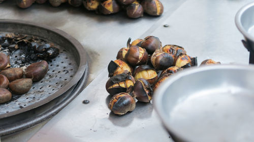 High angle view of shells on table