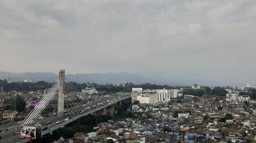 High angle view of city against cloudy sky