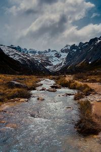 Scenic view of snowcapped mountains against sky