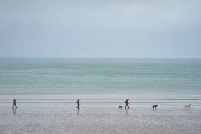 People walking on beach against clear sky