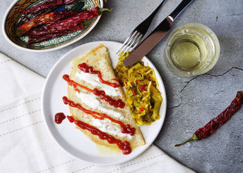 High angle view of food in plate on table
