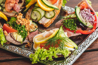 High angle view of food in plate on table
