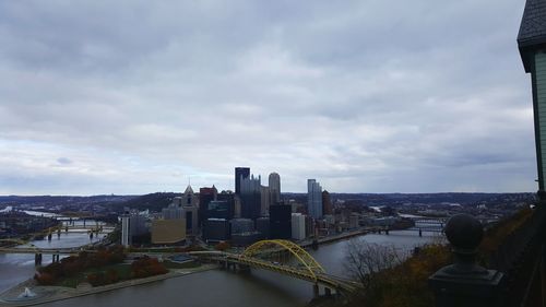 View of cityscape against cloudy sky