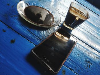 High angle view of container on table