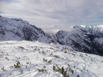 Scenic view of snowcapped mountains against sky