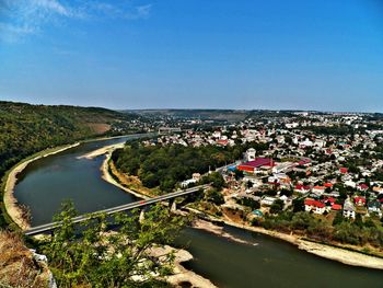 High angle view of river by town against clear blue sky