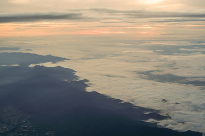 Aerial view of sea against sky during sunset