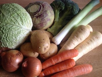 High angle view of vegetables on table at home