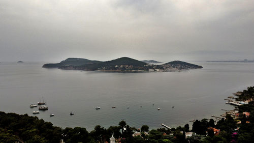 High angle view of bay against sky