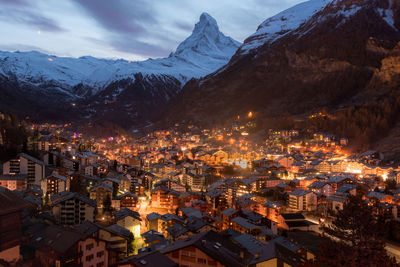 High angle view of townscape against sky during winter