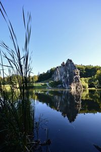 Scenic view of lake against clear blue sky