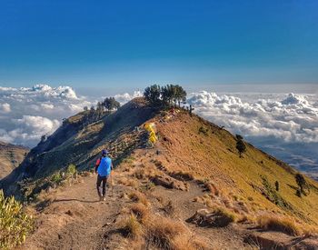 Rear view of person walking on mountain against sky