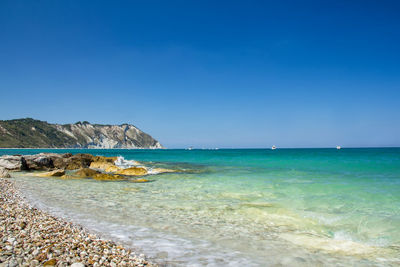 Scenic view of sea against clear blue sky