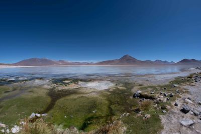 Scenic view of lake and mountains against clear blue sky