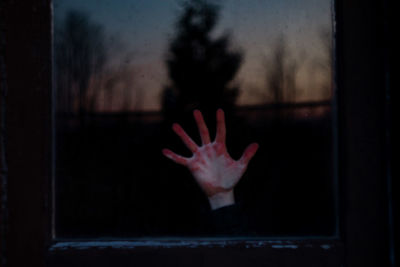 Close-up of hand on glass window