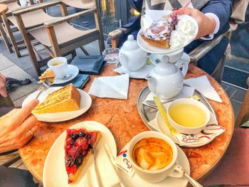 High angle view of breakfast served on table