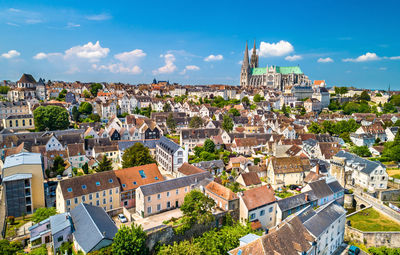 High angle shot of townscape against sky