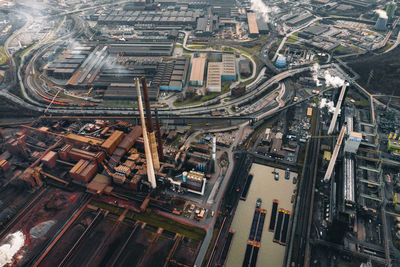 High angle view of city street and buildings