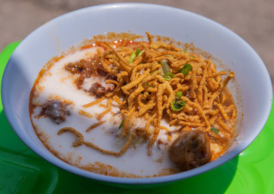 High angle view of meal served in bowl