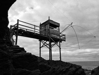 Built structure by sea against sky