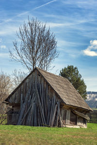 Bare tree on field by house against sky