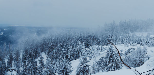 Scenic view of snow covered land against sky