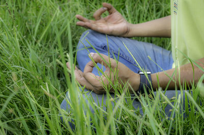 Midsection of man meditating while sitting by plants