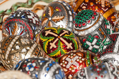 Close-up of multi colored easter eggs for sale in market