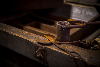 Close-up of work tool on wood