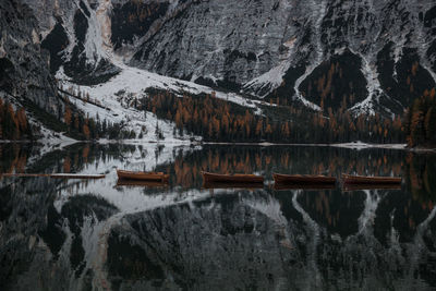 Reflection of snowcapped mountains in lake during winter