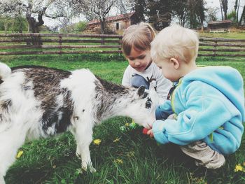 Portrait of children with goat