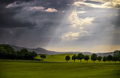 Scenic view of golf course against sky