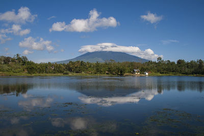 Scenic view of lake by trees against sky