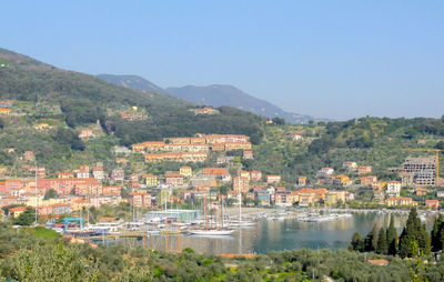 Calm sea with mountain range in background