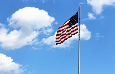 Low angle view of flag against sky