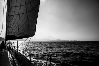 Sailboat sailing on sea against sky