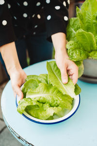 Midsection of woman holding salad in bowl on table
