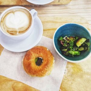 High angle view of breakfast served on table