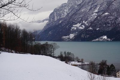 Scenic view of snow covered mountains against sky