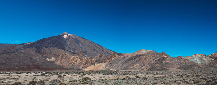 Scenic view of arid landscape against clear blue sky