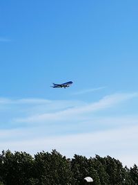 Low angle view of airplane flying against blue sky