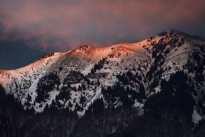 Scenic view of snowcapped mountains against sky during sunset