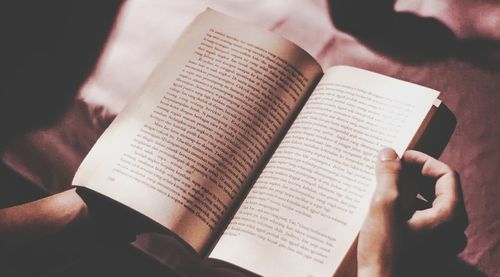 High angle view of hand holding book