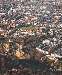 High angle view of tree and buildings in city